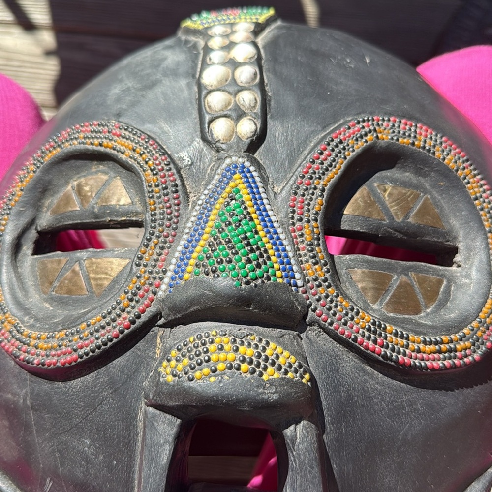 Vintage Handcarved Beaded and Inlaid African Mask from Ghana